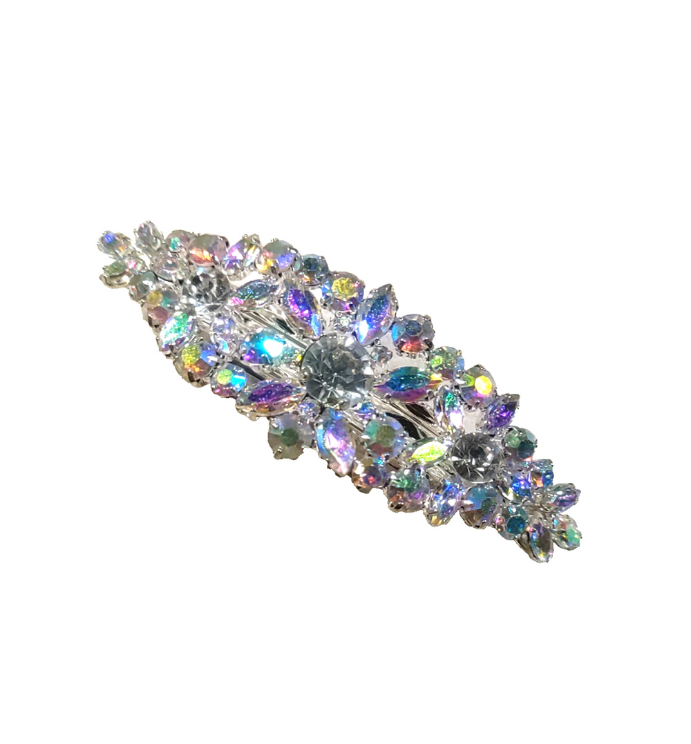 Hair Barrette Tension Clip Rhinestones Clear Silver Tone
